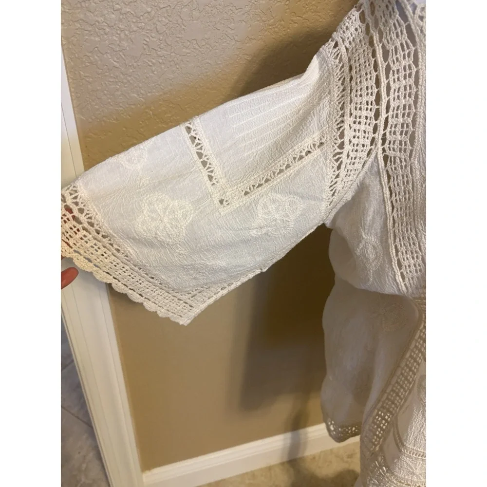 Democracy Cream 3/4 Sleeve Crochet And Lace Top, Size Medium, Boho